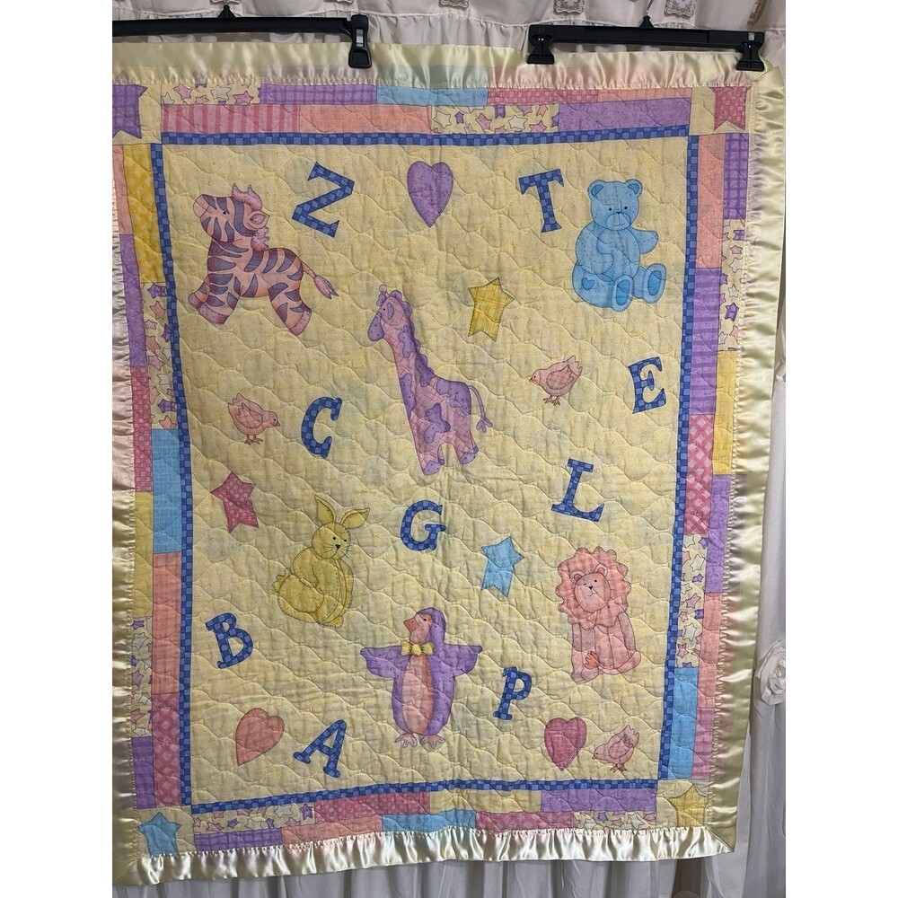 Vintage Baby Animals Yellow Baby Quilt with Satin Trim